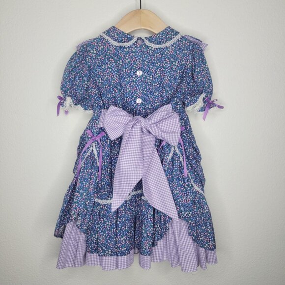 Handmade Vintage Style Prairie Dress Purple Blue Floral Baby Girls 2T #3337 - Picture 4 of 5